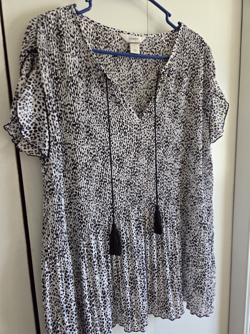CJ Banks Black and White Printed Peasant Tunic with Tassels